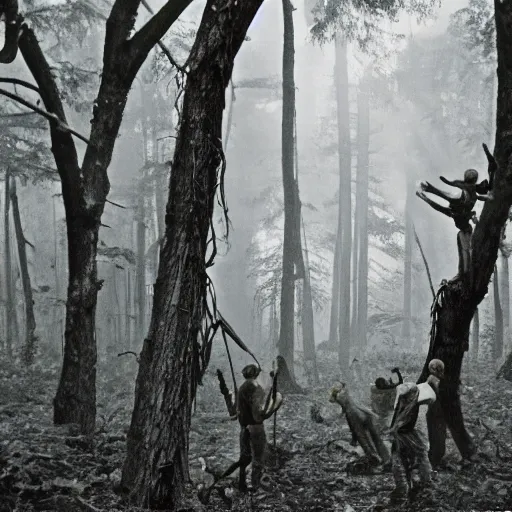 Image similar to wide shot, a squad of dead American Soldiers hung mid-air on trees, deep in the thick forest, painting, colored, eerie, Lovecraftian, eldritch horror, 1967