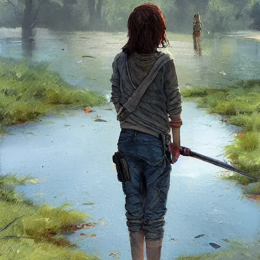 Image similar to clementine from walking dead sitting by a river with jj by greg rutkowski