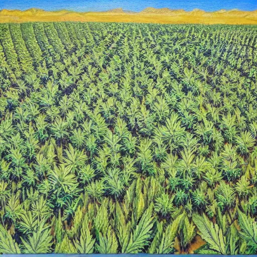 Image similar to a oil painting of a field of marijuana plants