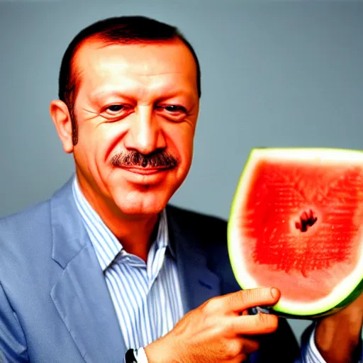 Prompt: recep tayyip erdogan smiling holding watermelon for a 1 9 9 0 s sitcom tv show, studio photograph, portrait