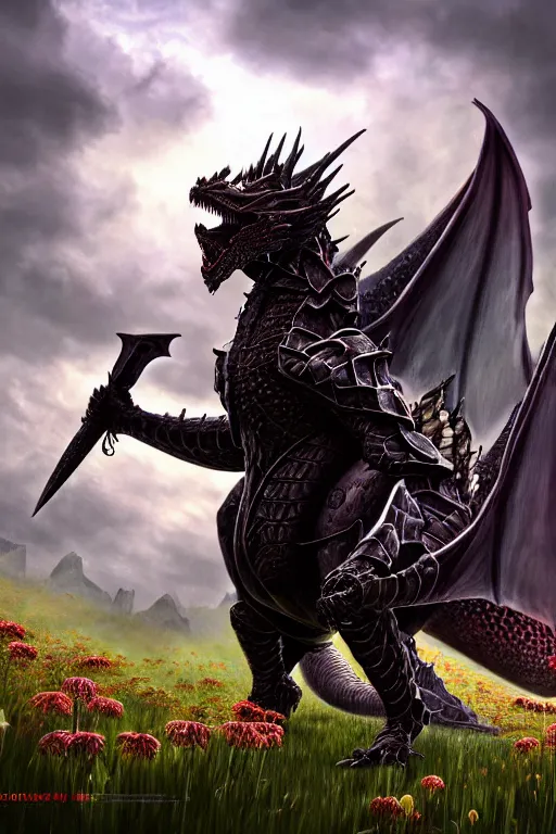 Image similar to hyperrealistic neo - gothic cinematic armored dragon holding sword in a field of flowers, highly detailed video game concept art masterpiece, vitaly bulgarov dramatic low light, ground angle uhd 8 k, sharp focus
