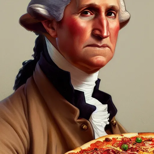 Prompt: portrait of George Washington opening his mouth to eat pizza, highly detailed, digital painting, artstation, concept art, sharp focus, illustration, art by artgerm and greg rutkowski and alphonse mucha