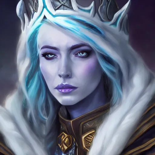 Image similar to concept art of jaina proudmoore as lich queen, world of warcraft, fantasy, hyper realistic, trending on artstation