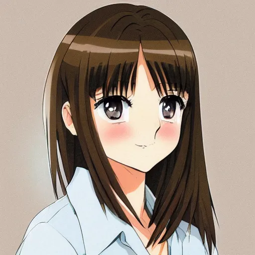 Prompt: A medium shot anime portrait of a happy light brown-haired brunette anime woman, a single short ponytail, parted light brown hair, bare forehead, blue-eyed, bright blue eyes, big bold thick eyebrows, thick jawline, uniform teeth, big lips, round face, big round nose, closed lips, wearing a t-shirt, solid blue background, by Stanley Artgerm Lau, WLOP, Rossdraws, James Jean, Andrei Riabovitchev, Marc Simonetti, and Sakimi chan, trending on artstation