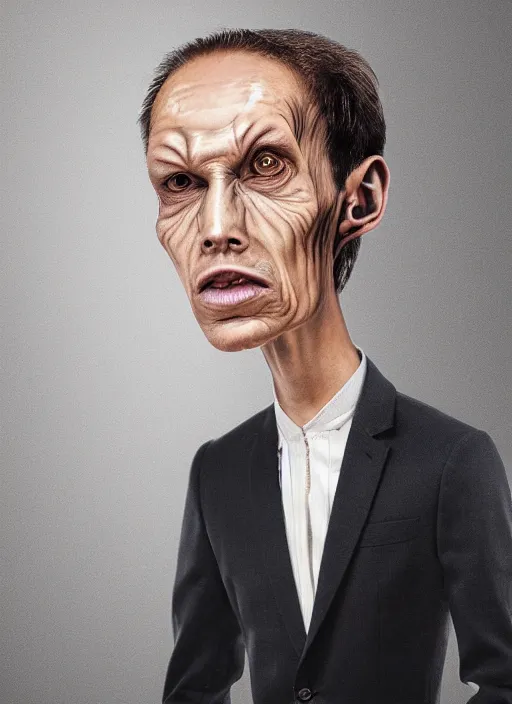 Image similar to a hyper realistic portrait of a male alien in a suit