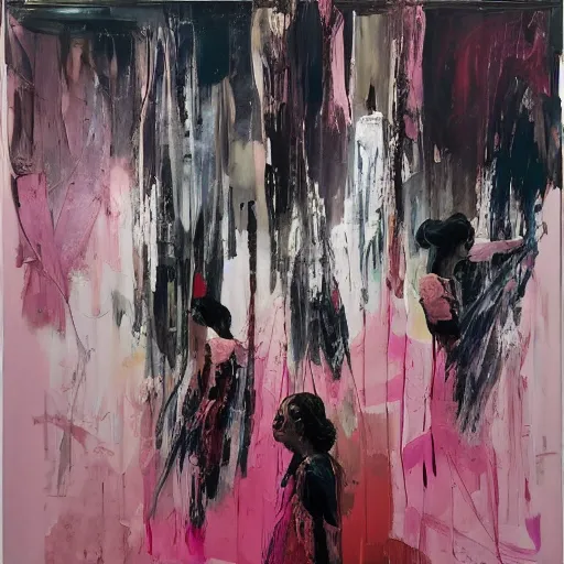 Image similar to _ in _ these _ paintings _ we _ see _ a _ woman _ who _ seem _ to _ be _ walking _ in _ circles in an empty void space, 4 k, in the style of ben quilty, hyper realism, minimal pink palette, medium shot, oil paint with thick brushstrokes of paint, impasto, detailed,