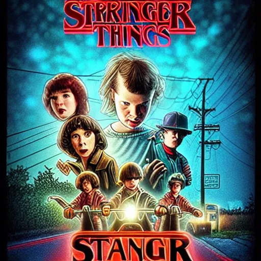 Prompt: stranger things poster, in the style of 1950's movie poster, illustration, official media, 4k, trending on artstation