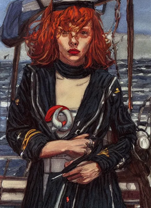 Prompt: portrait of sailor on ship deck, coherent! by brom, deep color, strong line, high contrast