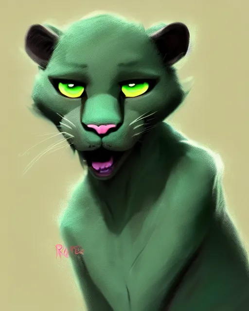 Prompt: character concept art of a cute young male anthropomorphic furry gray panther green hair | | cute - fine - face, pretty face, key visual, realistic shaded perfect face, fine details by stanley artgerm lau, wlop, rossdraws, james jean, andrei riabovitchev, marc simonetti, and sakimichan, trending on artstation