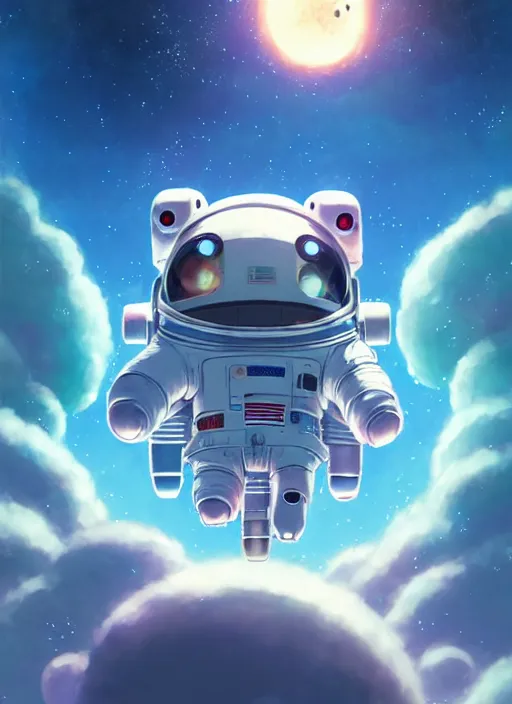 Image similar to portrait of cute kawaii astronaut android floating around a large biomechanical kaiju dragon, nebulous background of dynamic space, a dramatic composition by wlop and greg rutkowski and makoto shinkai and studio ghibli and kyoto animation cute bubbly clothing