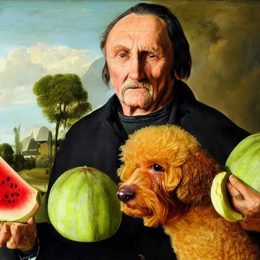 Prompt: portrait of Dennis hopper Dutch masters holding watermelon and a poodle