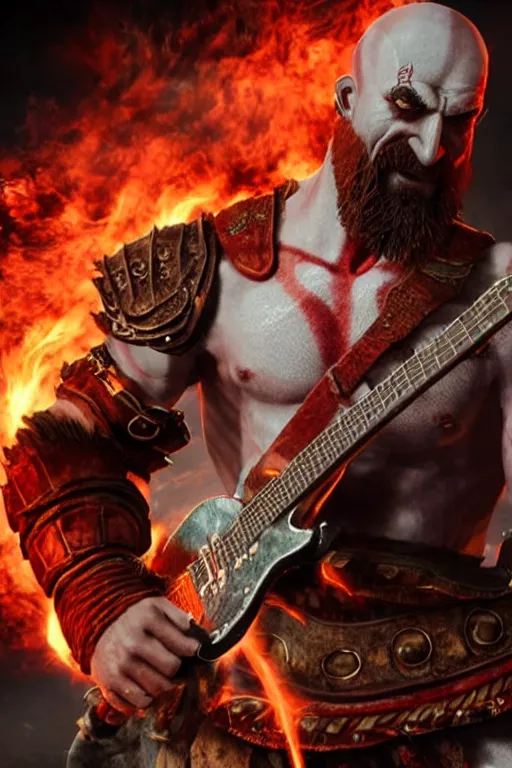 Prompt: screaming kratos rocking out on a flaming stratocaster guitar, cinematic render, god of war 2 0 1 8, playstation studios official media, lightning, flames, left eye stripe, left eye stripe, clear, coherent