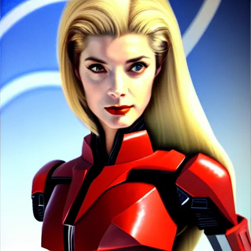 Image similar to A combination of Grace Kelly's and Ada Wong's and Ashley Greene's appearances with blonde hair wearing Forerunner armor from Halo, high tech, action shot, angular, full body portrait, futuristic, dramatic, fantasy, intricate, elegant, highly detailed, artstation, matte, sharp focus, 8K, art by Artgerm and Greg Rutkowski and Alphonse Mucha