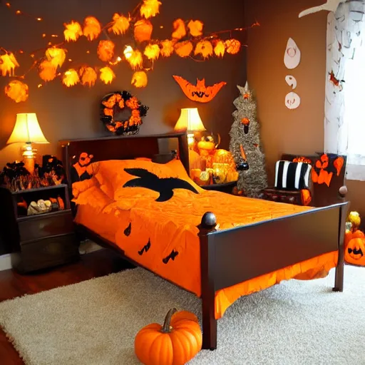 Prompt: homemade maple moth halloween themed christmas bedroom ideas, high resolution, creative, visually appealling