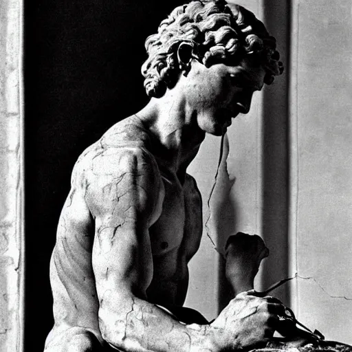 Image similar to “1800s era photograph of Michelangelo sculpting David, hyperrealistic, hd, faded, cracked, stained”