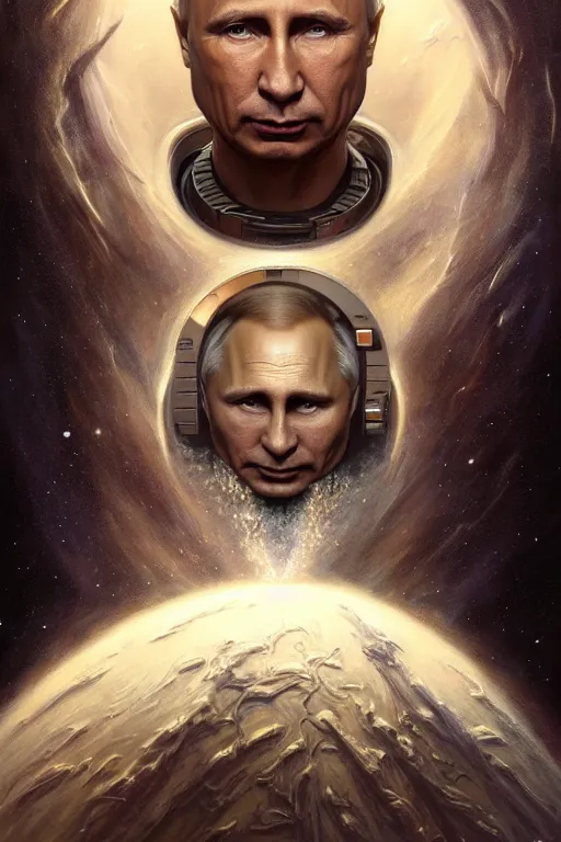 Prompt: a portrait of intergalactic vladimir putin, grim - lighting, high - contrast, intricate, elegant, highly detailed, centered, digital painting, artstation, concept art, smooth, sharp focus, illustration, artgerm, tomasz alen kopera, peter mohrbacher, donato giancola, joseph christian leyendecker, wlop, boris vallejo