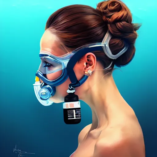 Image similar to a profile photo of an undercover villian with oxygen mask, side profile in underwater, highly detailed, digital painting, artstation, concept art, smooth, sharp focus, illustration by Sandra Chevrier