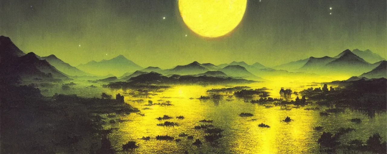 Image similar to awe inspiring bruce pennington landscape, digital art painting of 1 9 6 0 s, japan at night, 4 k, matte, blue and yellow, warm, old, air perspective