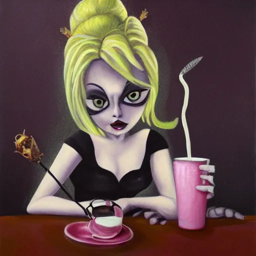 Prompt: detailed oil painting of gothic Tinkerbell hungover drinking coffee