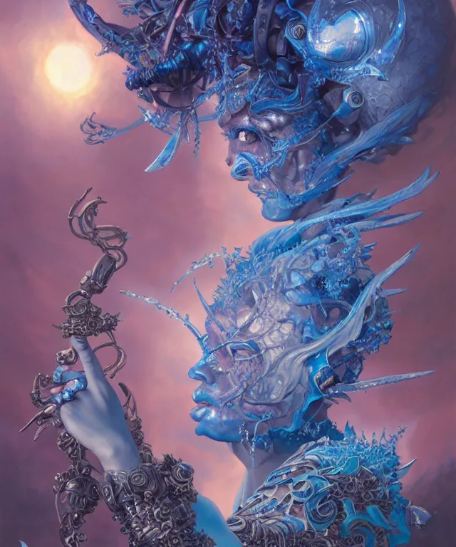 Image similar to beautiful evil fantasy blue crystal flower portrait, ultra realistic, sunset, wide angle, intricate details, the fifth element artifacts, highly detailed by peter mohrbacher, hajime sorayama, wayne barlowe, boris vallejo, aaron horkey, gaston bussiere, craig mullins