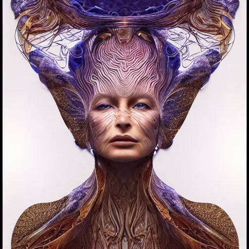 Image similar to high priestess queen of jupiter by iris van herpen, zaha hadid, zdzisław beksinski and alphonse mucha. highly detailed, hyper - real, very beautiful, intricate fractal details, very complex, opulent, epic, mysterious, trending on deviantart and artstation