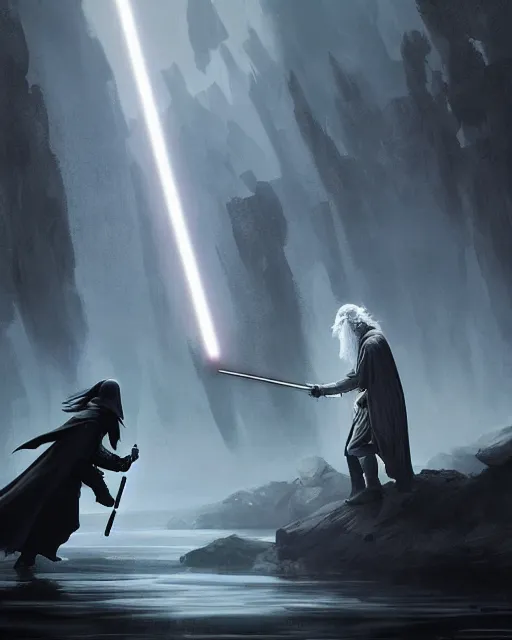 Image similar to ! dream gandalf and darth vader battling with magic and light sabers, greg rutkowski, esuthio, craig mullins, cinematic lighting, gloomy