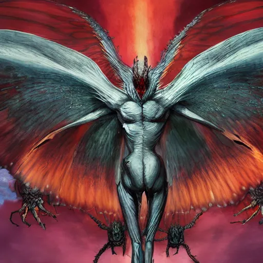 Image similar to 4K headshot of mothman with defined arms and open hands and bloody victims with giant wings , intricate face , flawless anime cel animation by Kentaro Miura,psychedelic , highly detailed upper body , professionally post-processed , beautiful, scary, symmetry accurate features, epic, octane rendered, anime masterpiece, accurate