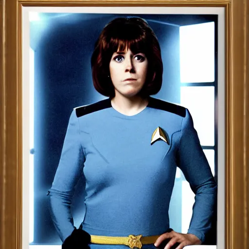 Prompt: a full body photograph of sarah jane smith as a star fleet science officer from star trek next generation, full dress uniform, symmetrical face, extreme realism and detail, 8 k, completely framed, direct lighting, 3 5 mm photo, photorealistic, sharp focus