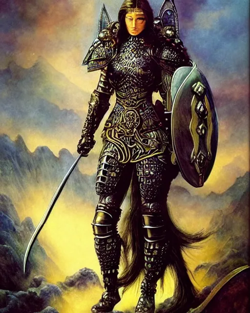 Prompt: a fierce and muscular warrior princess in full armor, fantasy character portrait by howard david johnson, kay nielsen, yael nathan