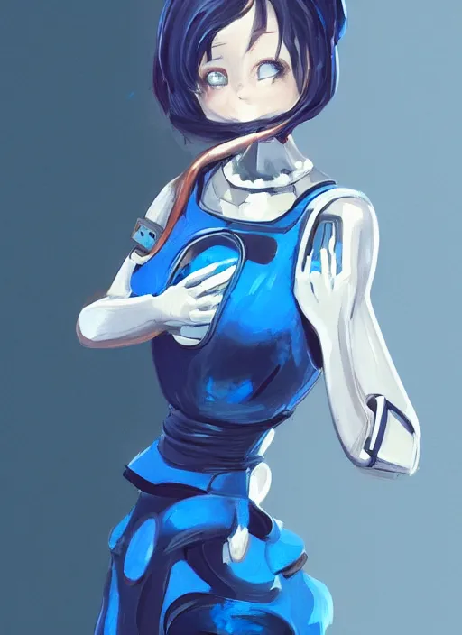 Image similar to a robot wearing a maid dress, blue dress, stripped thigh high, full body shot, highly detailed, digital painting, artstation, concept art, smooth, sharp focus, illustration