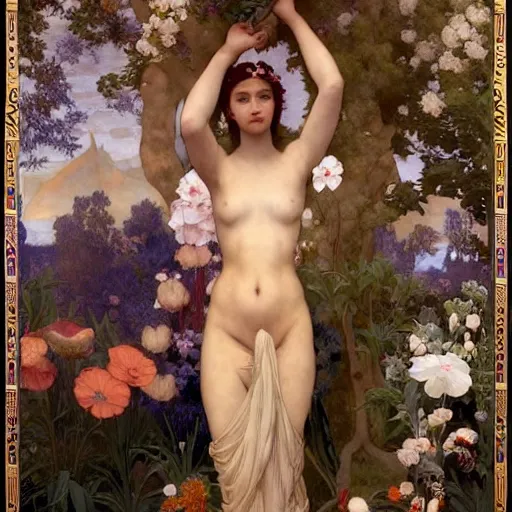 Image similar to princess of flowers, by annie swynnerton and charlie bowater and diego rivera and william - adolphe bouguereau, nicholas roerich and jean delville and evelyn de morgan, dramatic lighting, brocade robes, elaborate floral ornament, rich colors, smooth sharp focus, extremely detailed, donato giancola, adolf wolfli