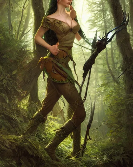 Prompt: a female elven hunter standing in a forest, intricate, highly detailed, digital painting, volumetric light, artstation, concept art, smooth, sharp focus, illustration, art by Gil Elvgren and Greg Rutkowski and Alphonse Mucha, 8K