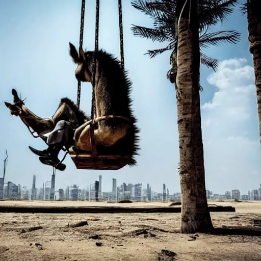 Prompt: donkey riding in a swing, cyberpunk style