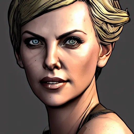 Prompt: charlize theron portrait, borderlands, tales from the borderlands, the wolf among us, comic, cinematic lighting, studio quality, 8 k