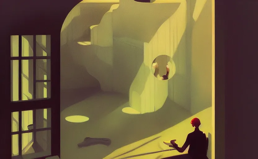 Image similar to the stream of dreams by atey ghailan and escher and edward hopper