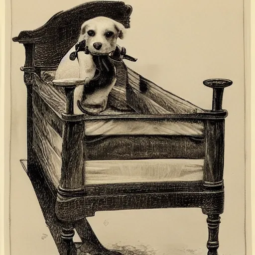 Prompt: a dog in a cot, in leather shoes, sitting in an armchair, fluid, smooth, high contrast, sharpness, dramatic, very detailed, intricate, by windsor mckay