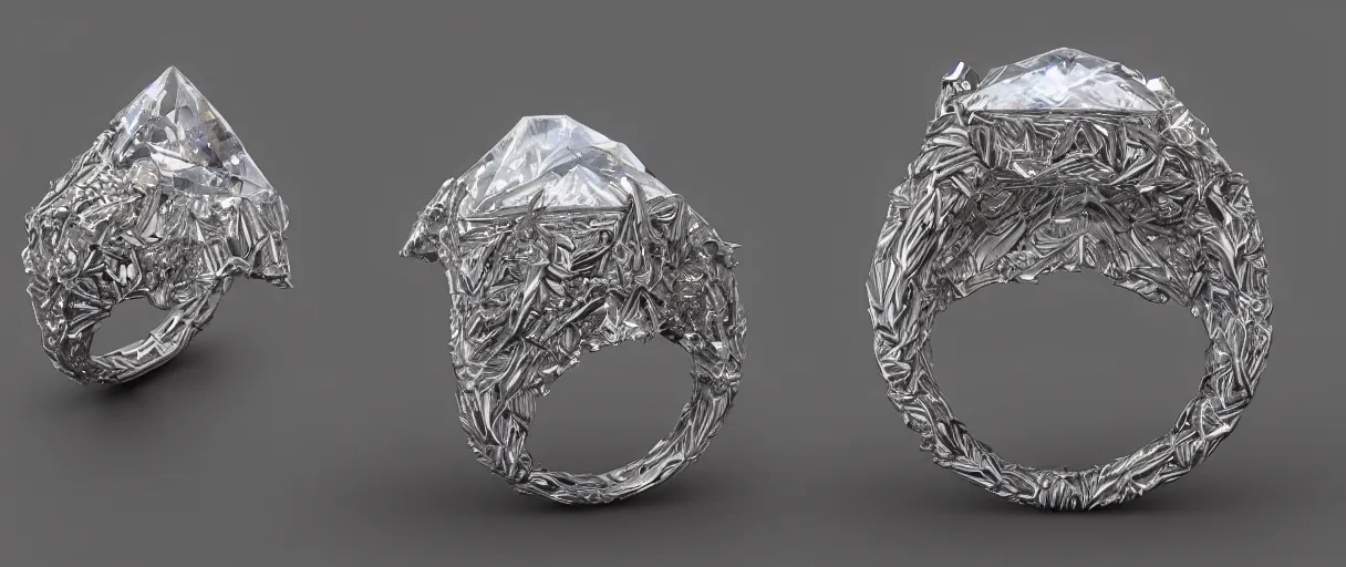 Image similar to magic crystal ring, fire, stone, crystal, engravings, diamonds, art by gerald brom, greg rutkowski, photo realism, unreal engine, c 4 d