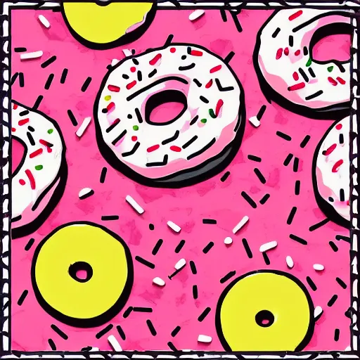 Image similar to strawberry frosted donut with sprinkles, pop art, album cover, shadow,