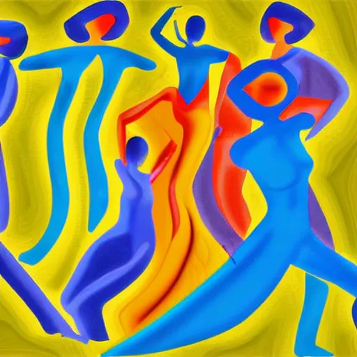 Image similar to the women gathered by the river to dance as the sun set , high quality digital art in the style of cubism and georgia o’ keefe,