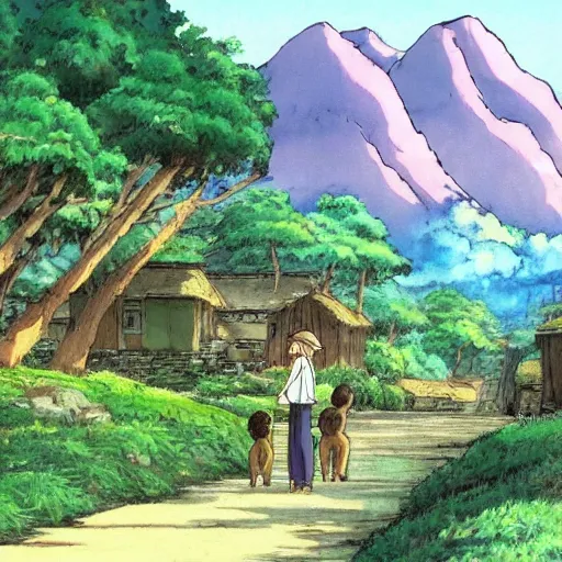 Prompt: landscape anime, studio Ghibli, village, trees, dogs and mountains