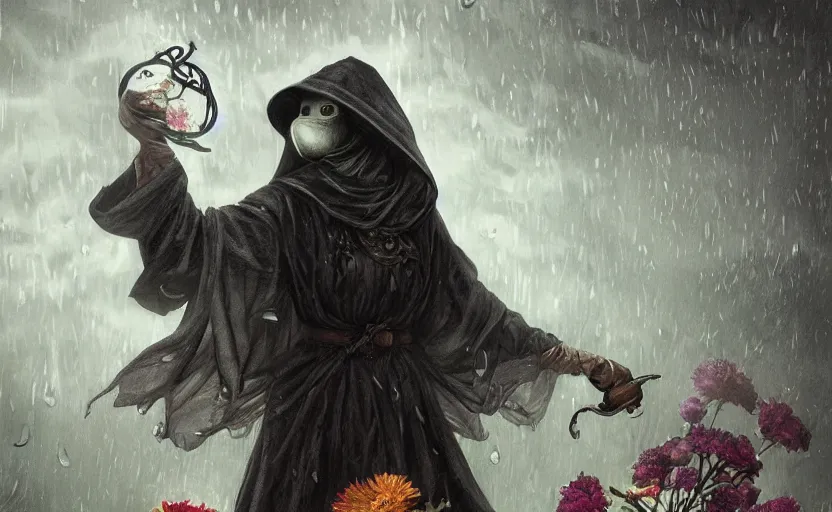 Prompt: female plague doctor holding flowers, heavy rain, wind, thunder, reflections, deep focus, d & d, fantasy, intricate, elegant, highly detailed, digital painting, artstation, concept art, matte, sharp focus, illustration, hearthstone, art by artgerm and greg rutkowski and alphonse mucha