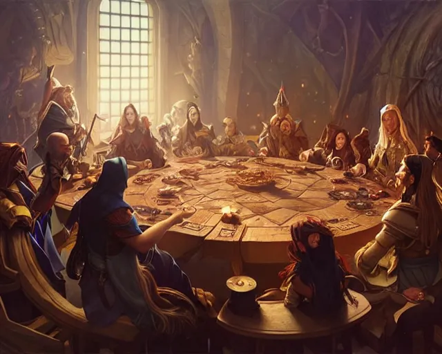 Prompt: a group of wizards gathered around a round table discussing political matters, d & d, fantasy, intricate, elegant, highly detailed, digital painting, artstation, concept art, matte, sharp, illustration, hearthstone, art by artgerm and greg rutkowski and alphonse mucha
