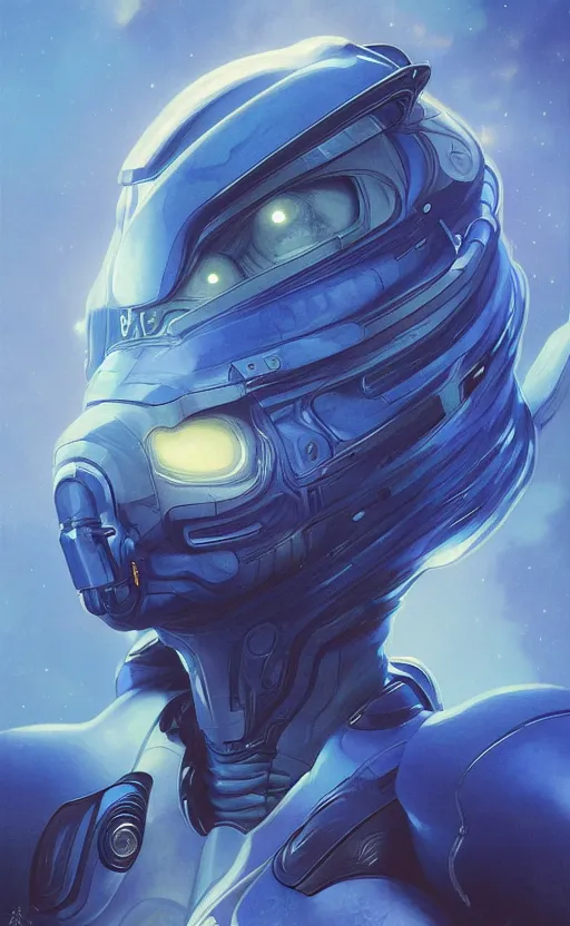 Image similar to portrait of a blue alien wearing a tight and smooth space suit, magical artifact, filaments, intimidating, intricate, headshot, highly detailed, digital painting, artstation, concept art, sharp focus, cinematic lighting, illustration, art by artgerm and greg rutkowski, alphonse mucha, cgsociety