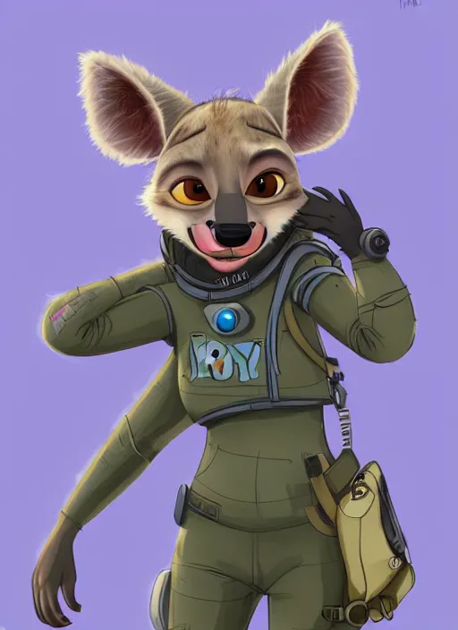 Image similar to digital detailed full body of anthromorphic female hyena, in style of zootopia, zootopia, zootopia, fursona, furry, furaffinity, 4 k, deviantart, furry art, fursona art, wearing astronaut outfit, in style of zootopia, hyena fursona, cyberpunk, female, detailed feminine face,