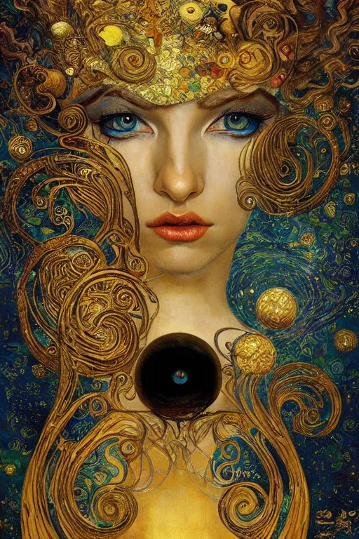 Image similar to Visions of Paradise by Karol Bak, Jean Deville, Gustav Klimt, and Vincent Van Gogh, visionary, otherworldly, fractal structures, ornate gilded medieval icon, third eye, spirals, heavenly spiraling clouds with godrays, airy colors