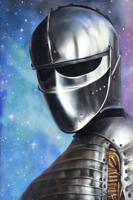 Image similar to hyperrealism oil painting, close-up portrait of medieval fashion model, knight, steel gradient mixed with nebula sky, in style of baroque mixed with 70s japan book art