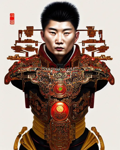 Image similar to portrait of a chinese masculine male cyberpunk machine, machine face, upper half portrait, decorated with chinese opera motifs, muscular, asian, fine china, wuxia, traditional chinese art intricate intense elegant 京 剧 highly detailed digital painting artstation concept art smooth sharp focus illustration, art by artgerm and greg rutkowski alphonse mucha 8 k