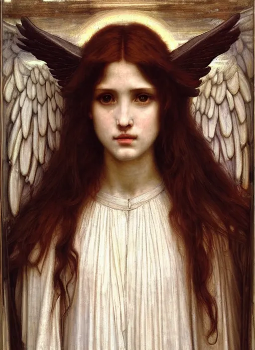 Prompt: portrait of beautiful archangel in white robes, pre - raphaelite painting by john william waterhouse, trending on art station. highly detailed, symmetrical face.