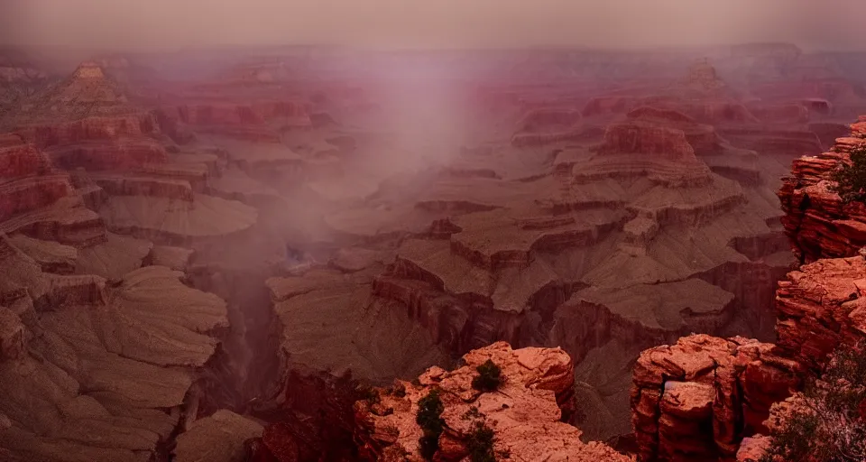 Image similar to The Grand Canyon at night during a Blood Moon Lunar Eclipse, evil, demonic, enchanting, misty, haze, clouds, angelic, flowers, nature, symmetry, environment concept, cinematic, Rendered in Octane, cgsociety, moody lighting rendered by octane engine, cinematic lighting, intricate details, 8k detail post processing, hyperealistic, photo realism, by Stephen King