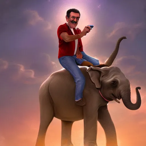 Image similar to Paul chuckle taking a selfie while riding an elephant, fantasy painting, soft lighting, artstation, 4k